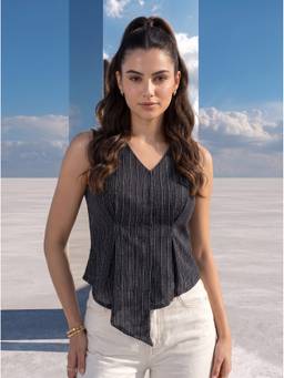Mamicha - Charcoal Draped Pinstripe Top