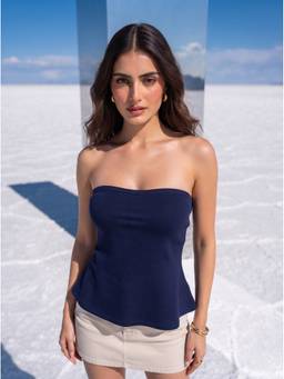 Mamicha - Navy Blue Strapless Peplum Tube Top