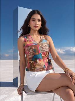 Mamicha - Multi-Color Sunset Mosaic Wrap Top
