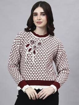 MODKLINE WITH MK - Maroon Round Neck With Acrylic Wool Knitted Womens Sweater