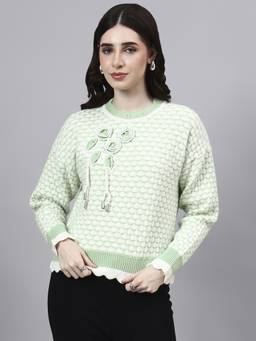 MODKLINE WITH MK - Green Round Neck With Acrylic Wool Knitted Womens Sweater