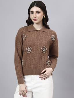 MODKLINE WITH MK - Brown Spread Collar Patch Work Cable With Wool Knitted Sweater