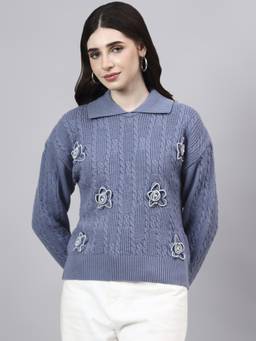 MODKLINE WITH MK - Grey Spread Collar Patch Work Cable With Wool Knitted Sweater