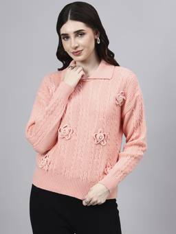 MODKLINE WITH MK - Peach Spread Collar Patch Work Cable With Wool Knitted Womens Sweater