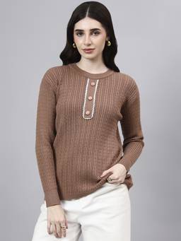 MODKLINE WITH MK - Brown Round Neck Cable With Acrylic Wool Knitted Sweater