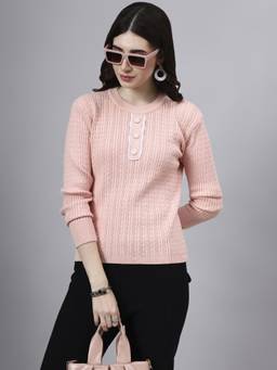 MODKLINE WITH MK - Pink Round Neck Cable With Acrylic Wool Knitted Sweater