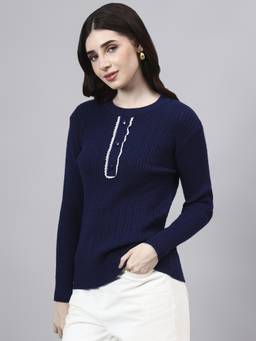 MODKLINE WITH MK - Navy Blue Round Neck Cable With Acrylic Wool Knitted Sweater