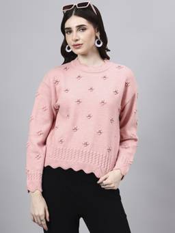 MODKLINE WITH MK - Pink Round Neck Flowered With Acrylic Wool Knitted Sweater