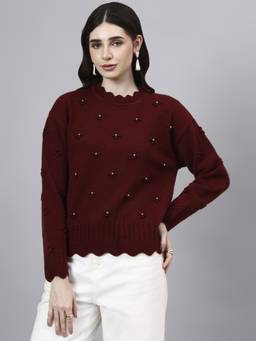 MODKLINE WITH MK - Maroon Round Neck Flowered With Acrylic Wool Knitted Womens Sweater