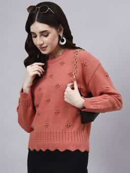 MODKLINE WITH MK - Peach Round Neck Flowered With Acrylic Wool Knitted Womens Sweater