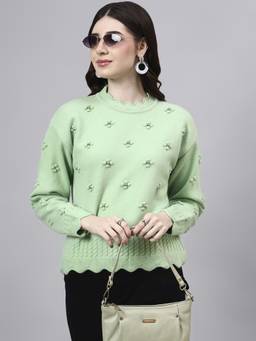 MODKLINE WITH MK - Green Round Neck Flowered With Acrylic Wool Knitted Womens Sweater