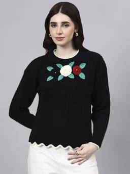 MODKLINE WITH MK - Black Round Neck Flowered With Acrylic Wool Knitted Womens Sweater
