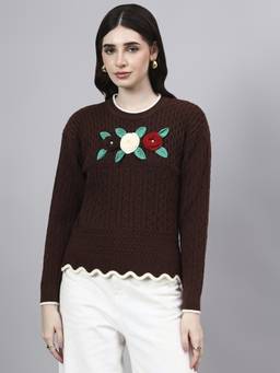 MODKLINE WITH MK - Brown Round Neck Flowered With Acrylic Wool Knitted Womens Sweater
