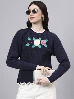 MODKLINE WITH MK - Navy Blue Round Neck Flowered With Acrylic Wool Knitted Sweater