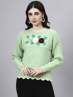 MODKLINE WITH MK - Green Womens Round Neck Flowered With Acrylic Wool Knitted Sweater