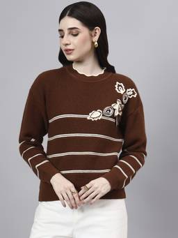 MODKLINE WITH MK - Brown Round Neck Flowered Patch Work With Wool Knitted Sweater