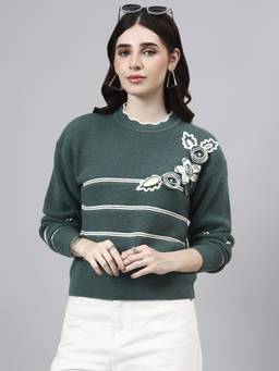 MODKLINE WITH MK - Green Round Neck Flowered Patch Work With Wool Knitted Sweater