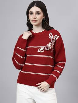 MODKLINE WITH MK - Red Round Neck Flowered Patch Work With Wool Knitted Sweater