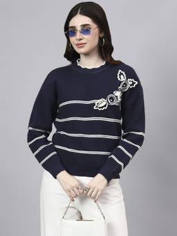 MODKLINE WITH MK - Navy Blue Round Neck Flowered Patch Work With Wool Knitted Sweater
