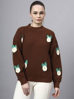 MODKLINE WITH MK - Brown Womens Round Neck Flowered With Acrylic Wool Knitted Sweater