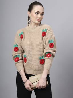 MODKLINE WITH MK - Beige Round Neck Flowered With Acrylic Wool Knitted Sweater