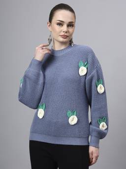 MODKLINE WITH MK - Grey Round Neck Flowered With Acrylic Wool Knitted Sweater