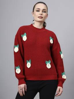 MODKLINE WITH MK - Maroon Womens Round Neck Flowered With Acrylic Wool Knitted Sweater