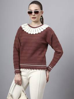 MODKLINE WITH MK - Brown Shawl Collar Self Design With Acrylic Wool Knitted Sweater