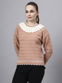 MODKLINE WITH MK - Peach Womens Shawl Collar Self Design With Acrylic Wool Knitted Sweater