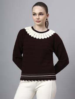 MODKLINE WITH MK - Maroon Womens Shawl Collar Self Design With Acrylic Wool Knitted Sweater