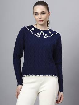 MODKLINE WITH MK - Blue Shawl Collar Self Design With Acrylic Wool Knitted Sweater