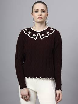 MODKLINE WITH MK - Maroon Shawl Collar Self Design With Acrylic Wool Knitted Sweater
