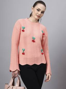 MODKLINE WITH MK - Peach Round Neck Flowered With Acrylic Wool Knitted Sweater