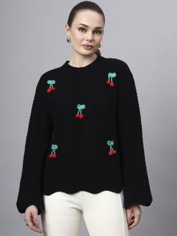 MODKLINE WITH MK - Black Round Neck Flowered With Acrylic Wool Knitted Sweater