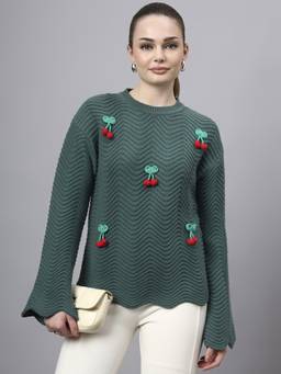 MODKLINE WITH MK - Green Round Neck Flowered With Acrylic Wool Knitted Sweater
