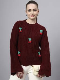 MODKLINE WITH MK - Maroon Round Neck Womens Flowered With Acrylic Wool Knitted Sweater