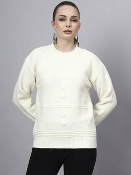 MODKLINE WITH MK - Off White Round Neck Self Design With Acrylic Wool Knitted Sweater