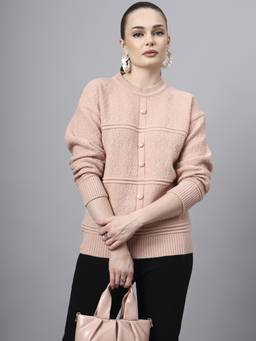 MODKLINE WITH MK - Peach Round Neck Self Design With Acrylic Wool Knitted Sweater