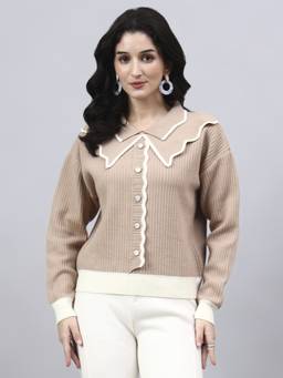 MODKLINE WITH MK - Beige Spread Collar Self Design With Acrylic Wool Knitted Sweater