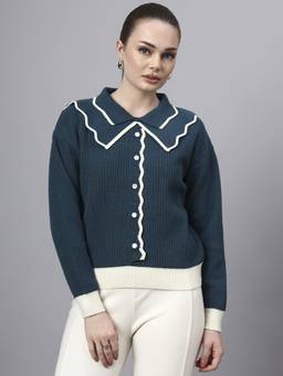 MODKLINE WITH MK - Teal Spread Collar Self Design With Acrylic Wool Knitted Sweater