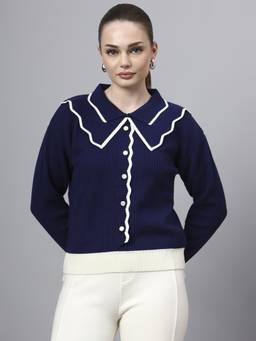 MODKLINE WITH MK - Blue Spread Collar Self Design With Acrylic Wool Knitted Sweater
