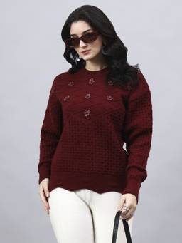 MODKLINE WITH MK - Maroon Round Neck With With Wool Knitted Sweater