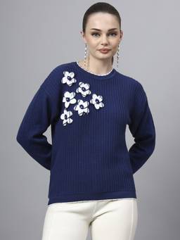 MODKLINE WITH MK - Blue Round Neck Flowered With Acrylic Wool Knitted Sweater