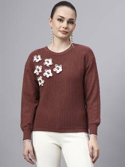 MODKLINE WITH MK - Rust Round Neck Flowered With Acrylic Wool Knitted Sweater