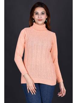 KNITZY - Peach Women Turtle Neck Self Design Trendy Style Sweater