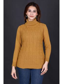 KNITZY - Yellow Women Turtle Neck Self Design Comfort Wear Sweater