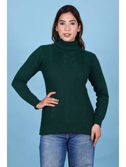 KNITZY - Green Women Turtle Neck Self Design Easygoing Style Sweater