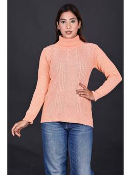 KNITZY - Peach Women Turtle Neck Self Design Classic Knit Sweater