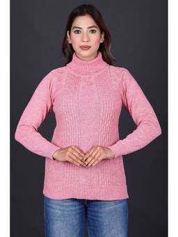 KNITZY - Pink Women Turtle Neck Self Design Minimal Style Sweater