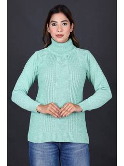 KNITZY - Green Women Turtle Neck Self Design Soft Knit Sweater